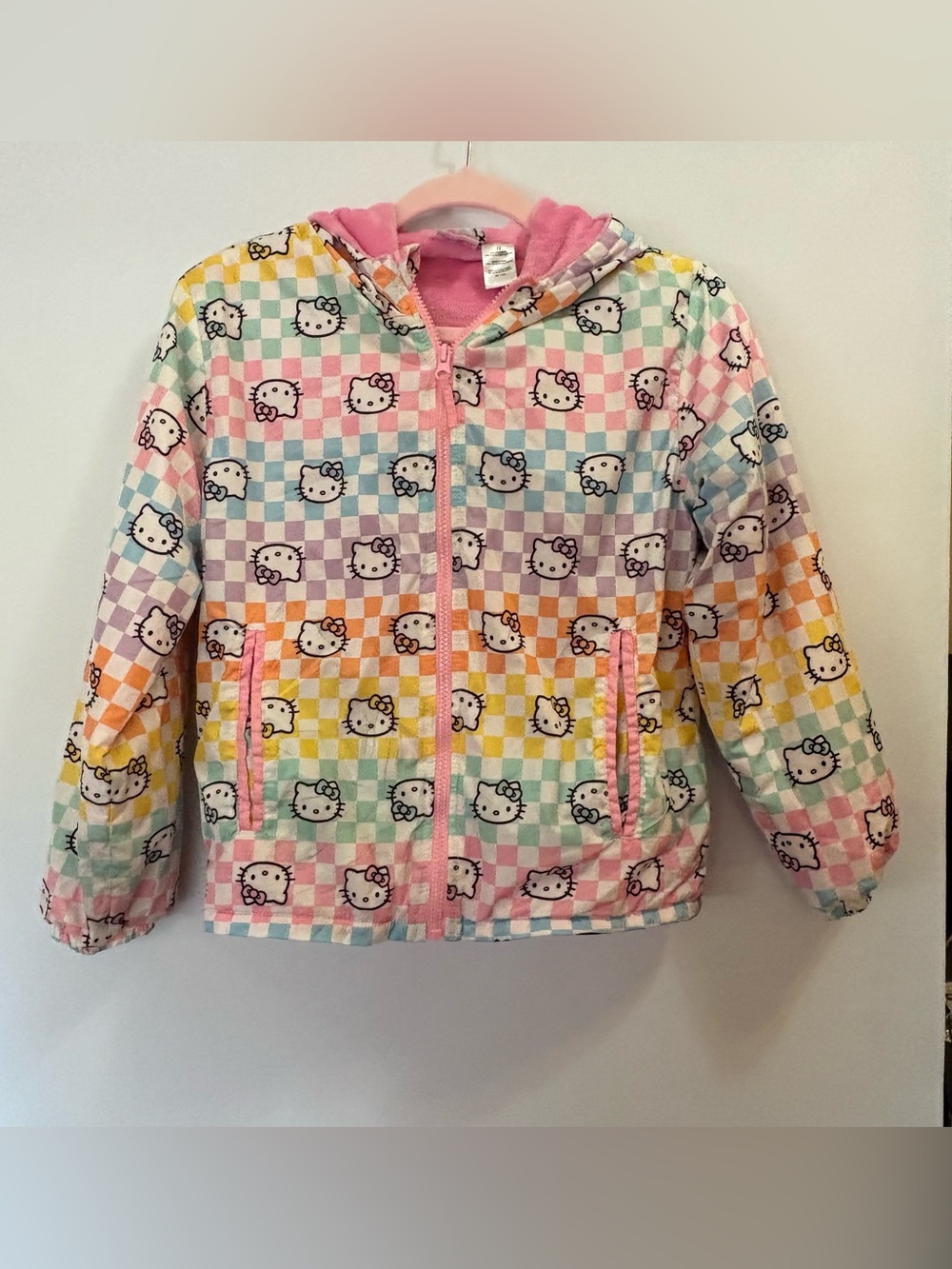 Hello Kitty Pastel Rainbow Check Hooded Puffer Jacket